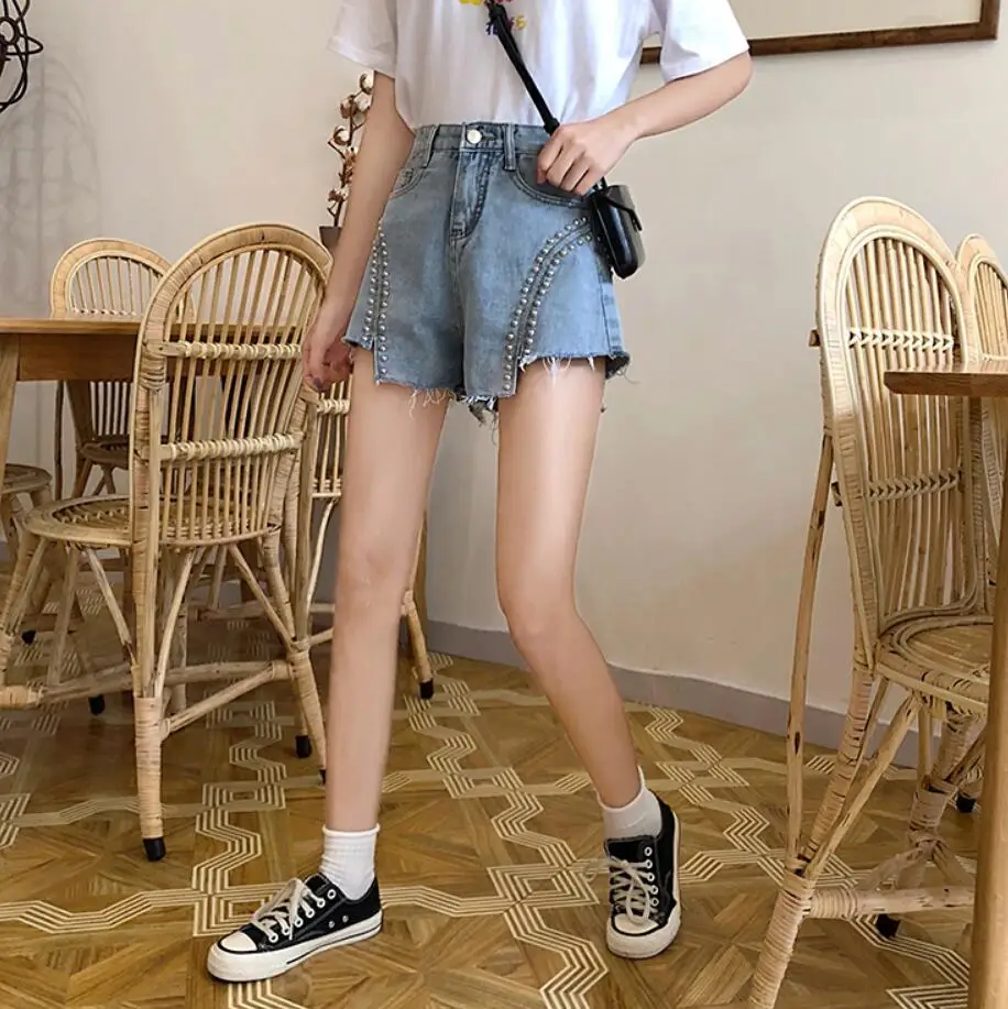 Jean Shorts Women Korean High Street Fashion Rivet High Waist Denim Shorts Female Zipper Irregular Shorts plus size 5xl q654 dickies shorts