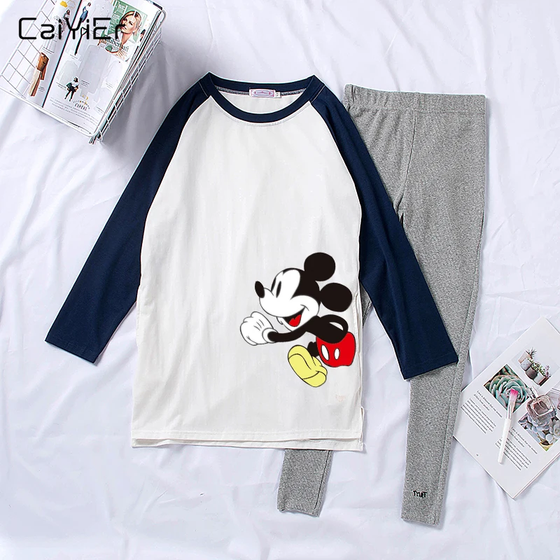 

Caiyier Cartoon Mickey Print Long Sleeve Pajama Set O-Neck Cotton Sleepwear Pink Ladies Leisure Loose Spring Home Clothes