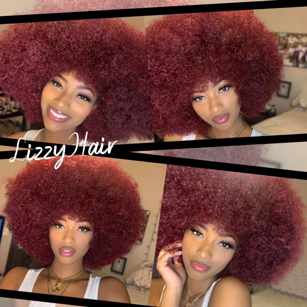 Curly Synthetic Wigs Bangs | Wigs Natural Hair Afro Red | Synthetic Wig - Red -