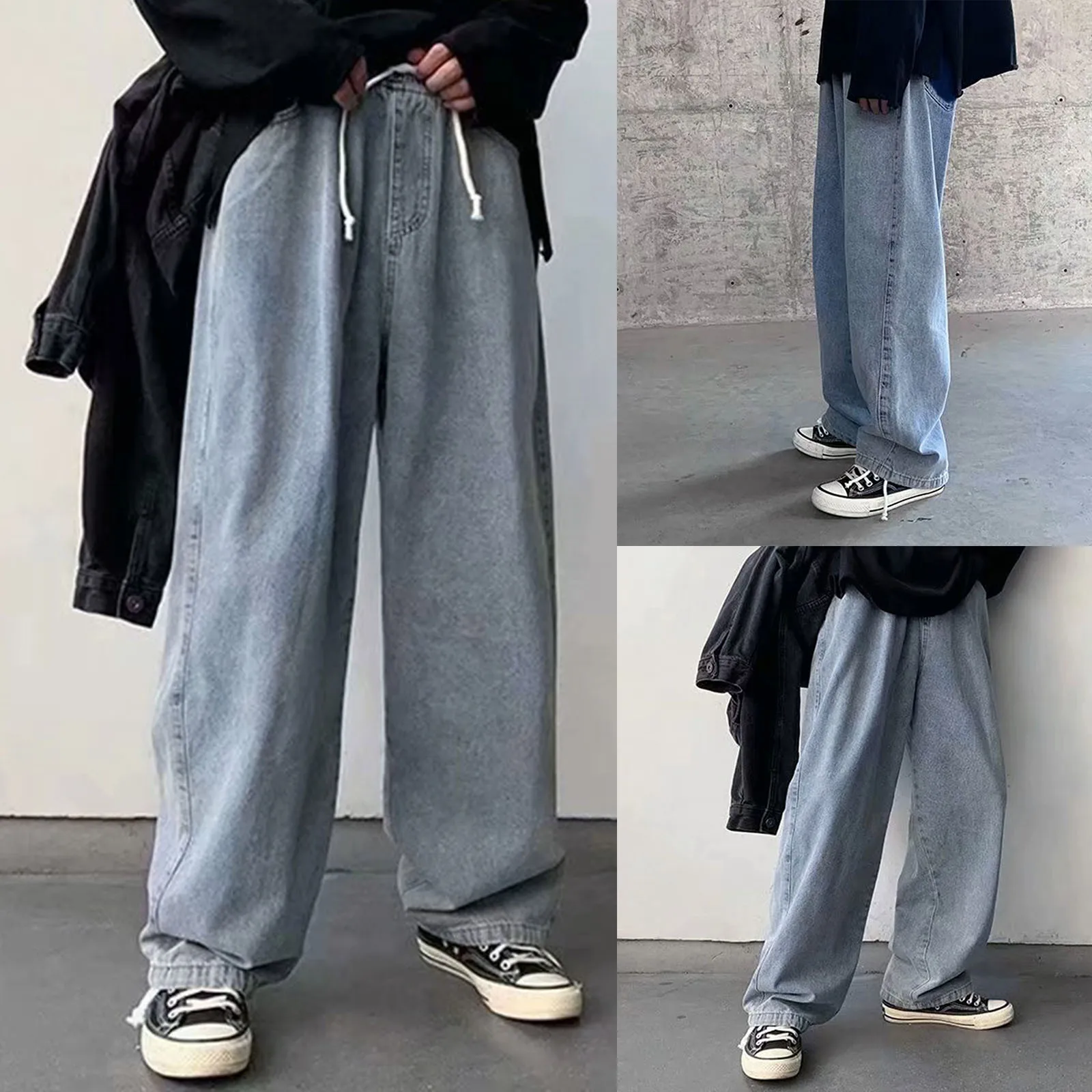 2021 Men Fashion Plus-size Pants Elastic Waist Loose Jeans Street Wide Leg Trousers Pants High Quality Street Temperament Jeans 1