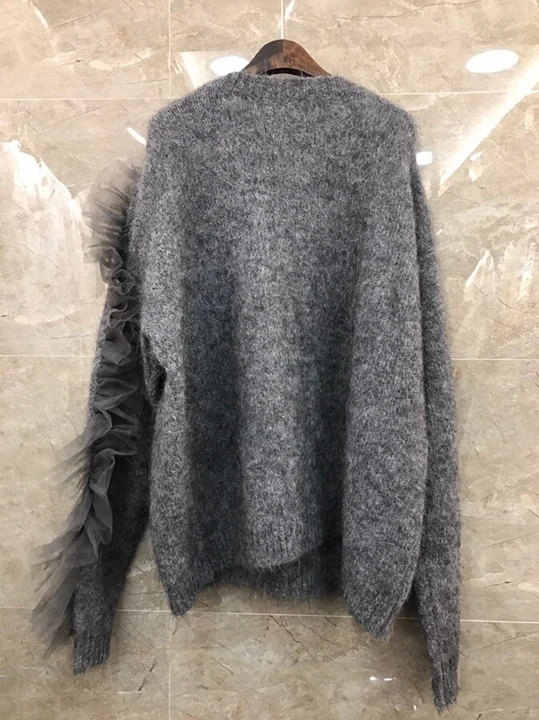autumn Early new woman V-collar irregular patchwork yarn pure color button loose cardigan knitted shirt 1008
