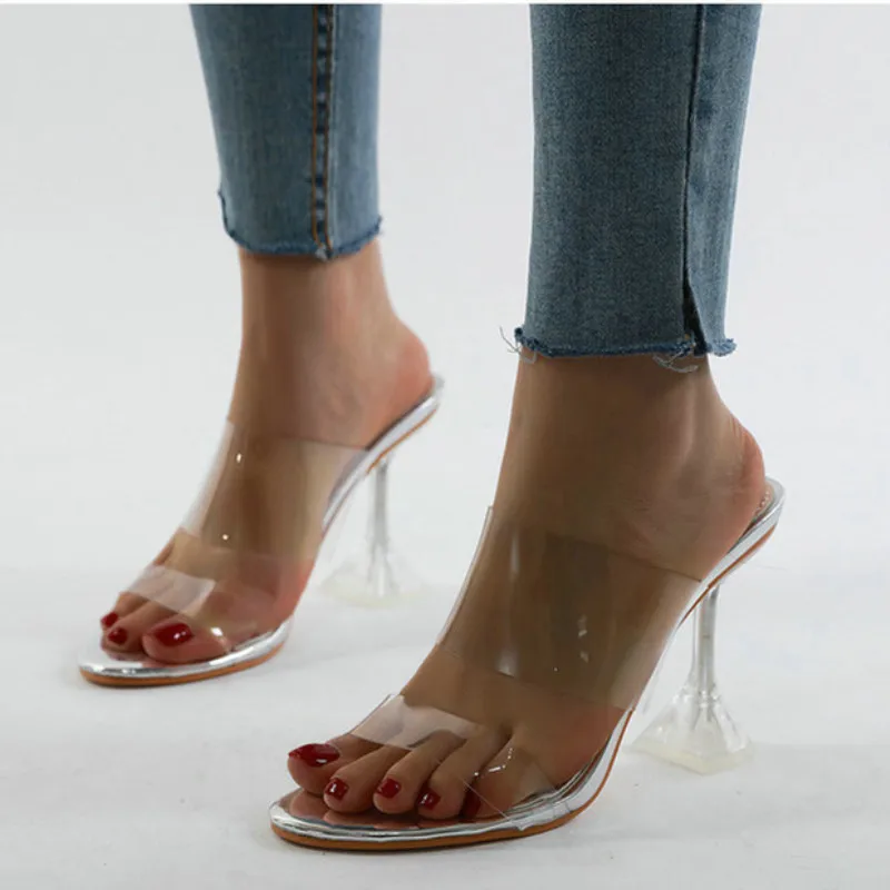 Шлепанцы женские прозрачные сандалии из ПВХ с открытым носком высокий каблук