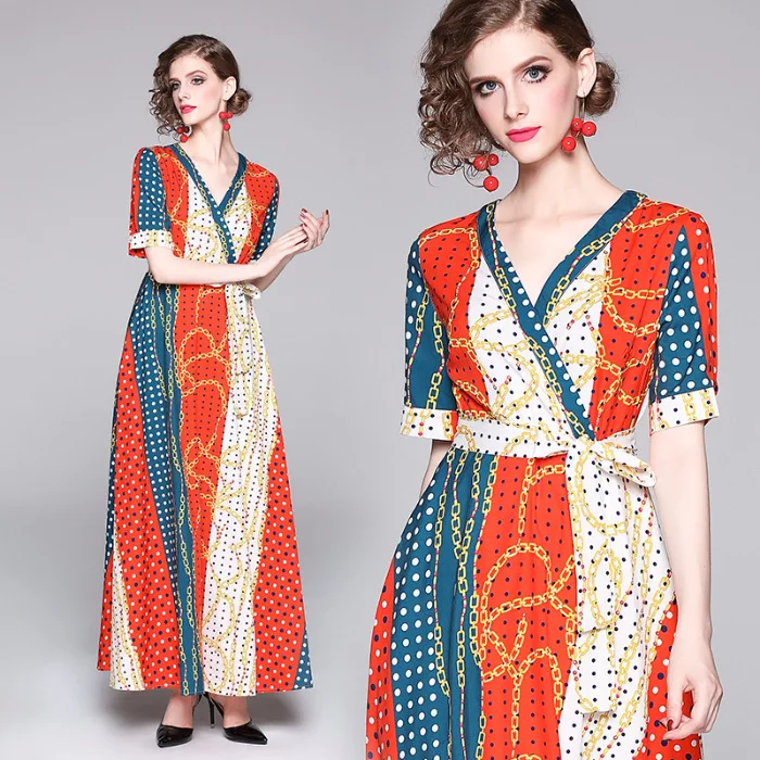 

Photo Shoot Ozhouzhan 2019 New Style Women's Short Sleeve Shirt Printed Waist Hugging Big Hemline Dress Long Skirt