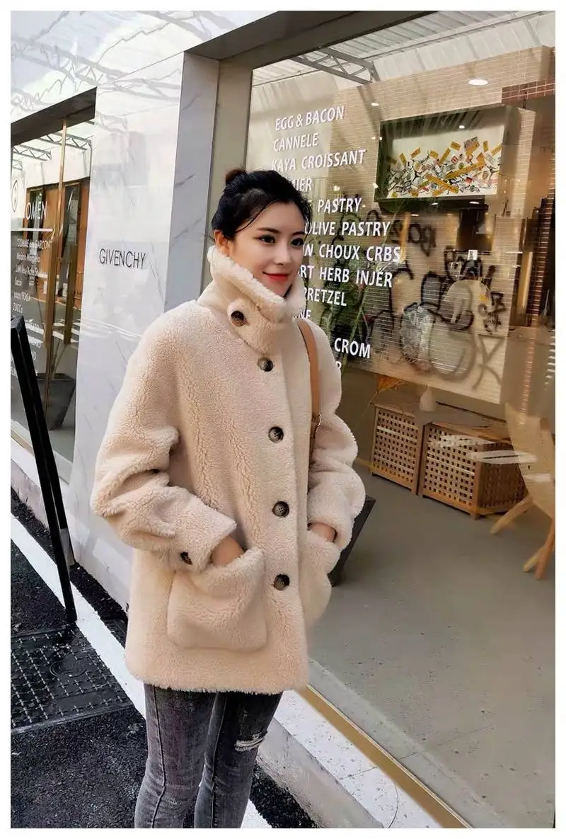 Heydress зимняя оторочка из овечьей шерсти куртка Женский белый гранулированный шерсть утепленная теплая Женская одежда свободный карман пальто
