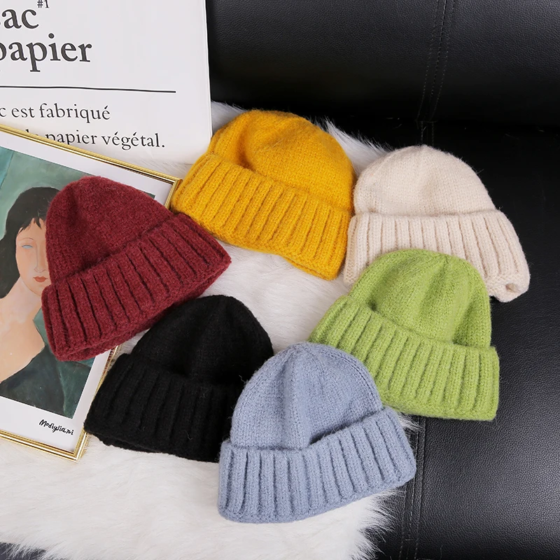 Шапка дыни, одноцветная, хлопок, кроличья шерсть, зимние шапки для женщин, теплая шапка с помпоном, вязаная шапка, повседневные зимние шапки бини для мужчин