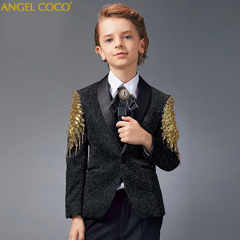 

Blazers For Boys Suits For Weddings Formal Party Suits 2019 Gold sequins Suit Evening Child Communion Big Size Teenagers Menino