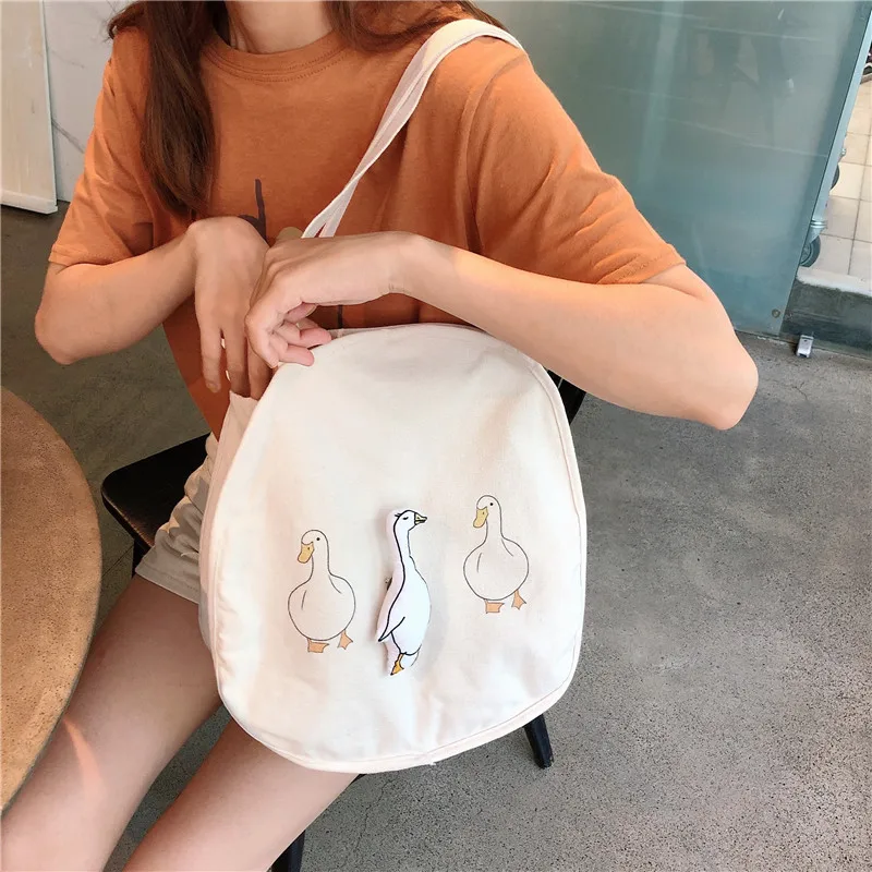 

Japan Harajuku Shoulder Bag Satchel Simple Cartoon Goose Pattern Single Shoulder Canvas Bag Student Character Messenger Bag