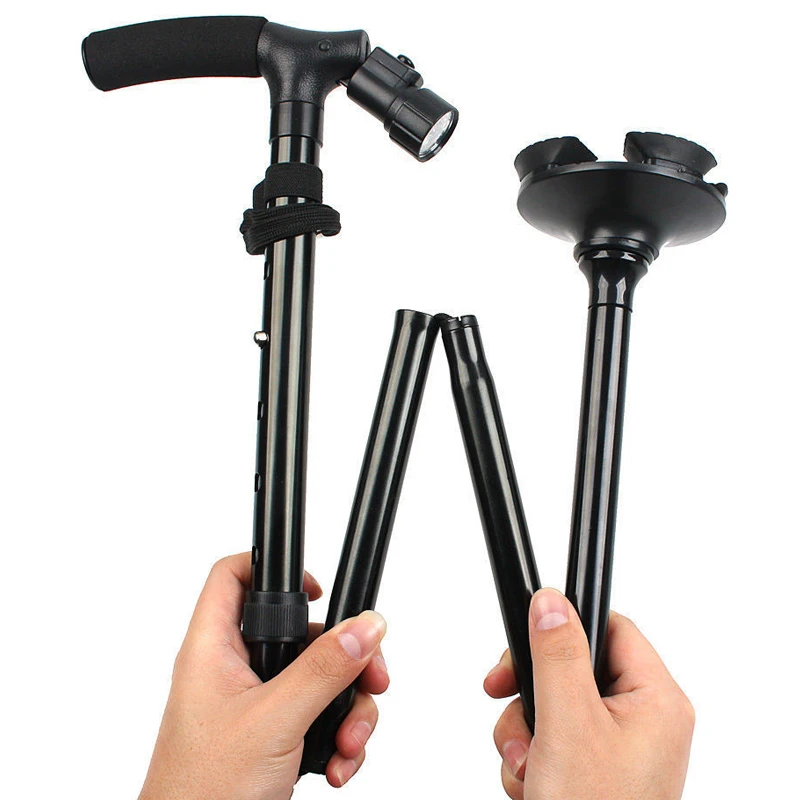 Walking Stick Folding Cane with Light Free Standing Hiking Anti Slip Metal Travel Stick LED Outdoor Height Adjustable Foldable