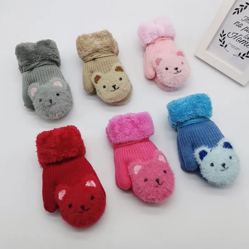 Children's Gloves Cartoon Hanging Neck 4-7T Mittens Double Thick Knitting Warm Gloves Winter Baby Boys Girls Gloves