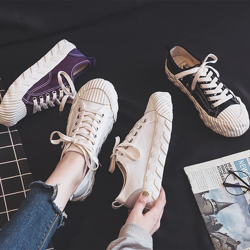 

Fashion Women Vulcanized Shoes 2019 Autumn New Solid Color Shallow Sneakers Breathable Trend Flat Canvas Shoes Women Sneakers