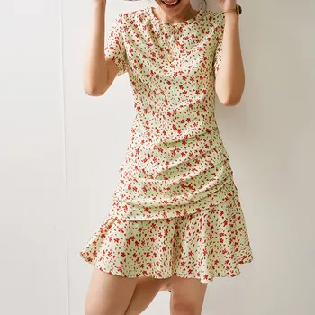 

Fresh Floral Print Pleated Ruffle women Dress O-Neck short sleeve lady mini Dress