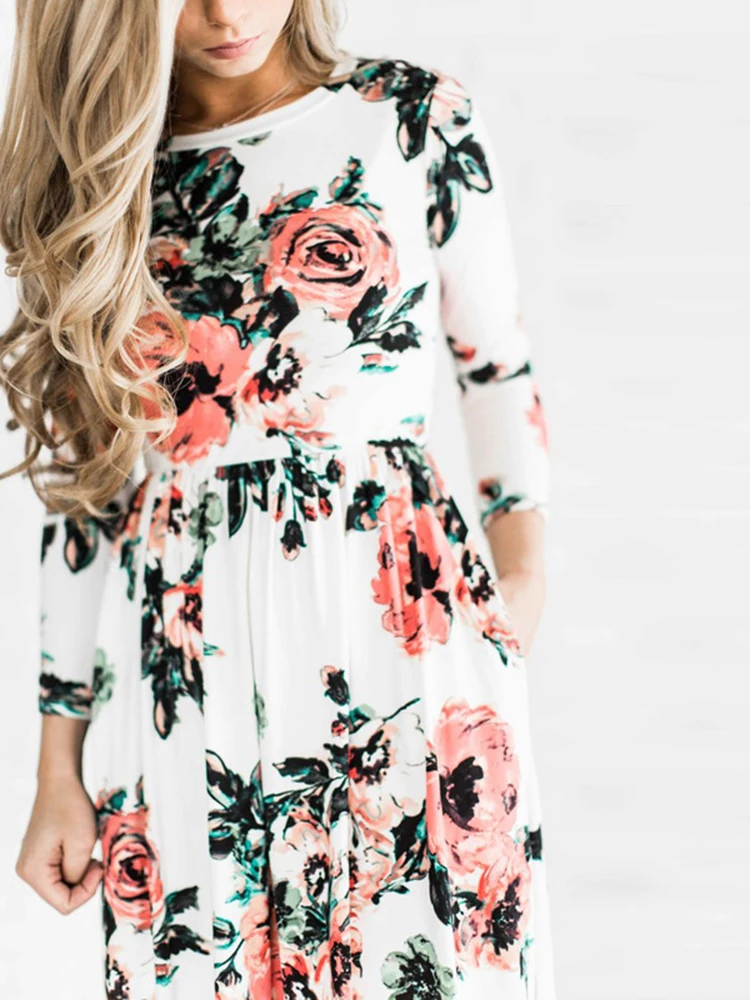 Autumn summer women dress Long short sleeve maxi dress women floor length white print floral ladies casual dress vestidos LD718 (36)