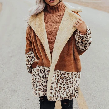 

Leopard Patchwork Women Fashion Warm Coat Autumn Lapel Plush Jacket Coat Women Plus Size Overcoat Long Sleeves Hot Sale