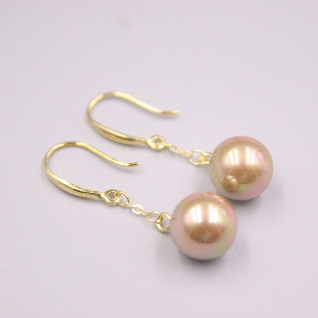 

Genuine Real 925 Sterling Silver with Golden Mother of Pearl Ball Dangle Earrings 1.38inch Length