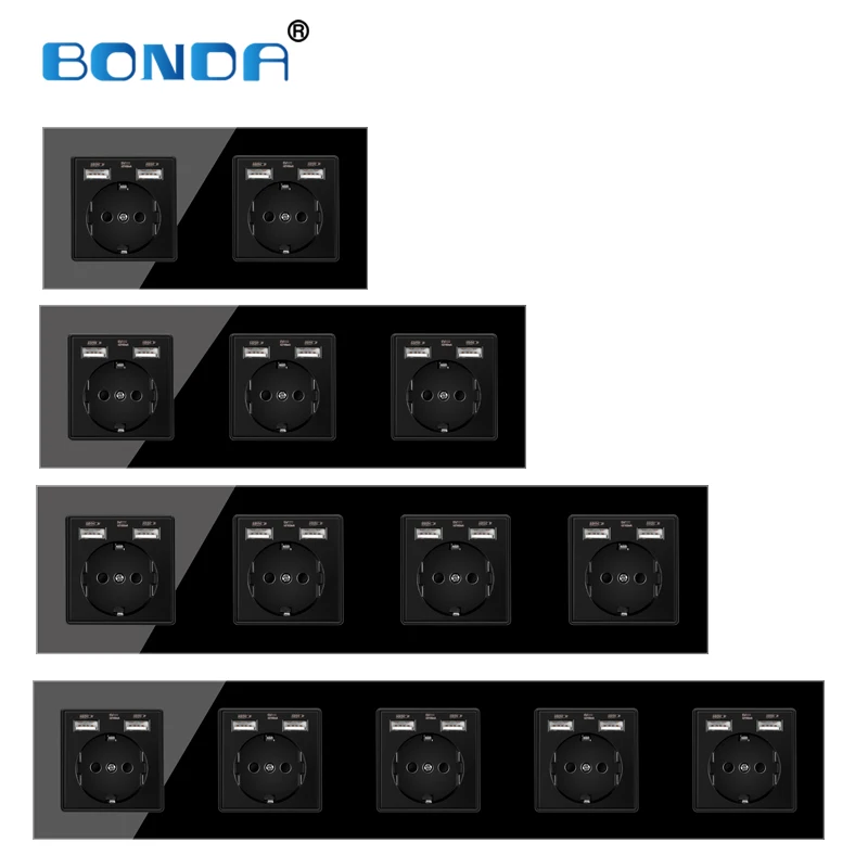 Настенная USB розетка BONDA Европейский и немецкий стандарт черная кристаллическая