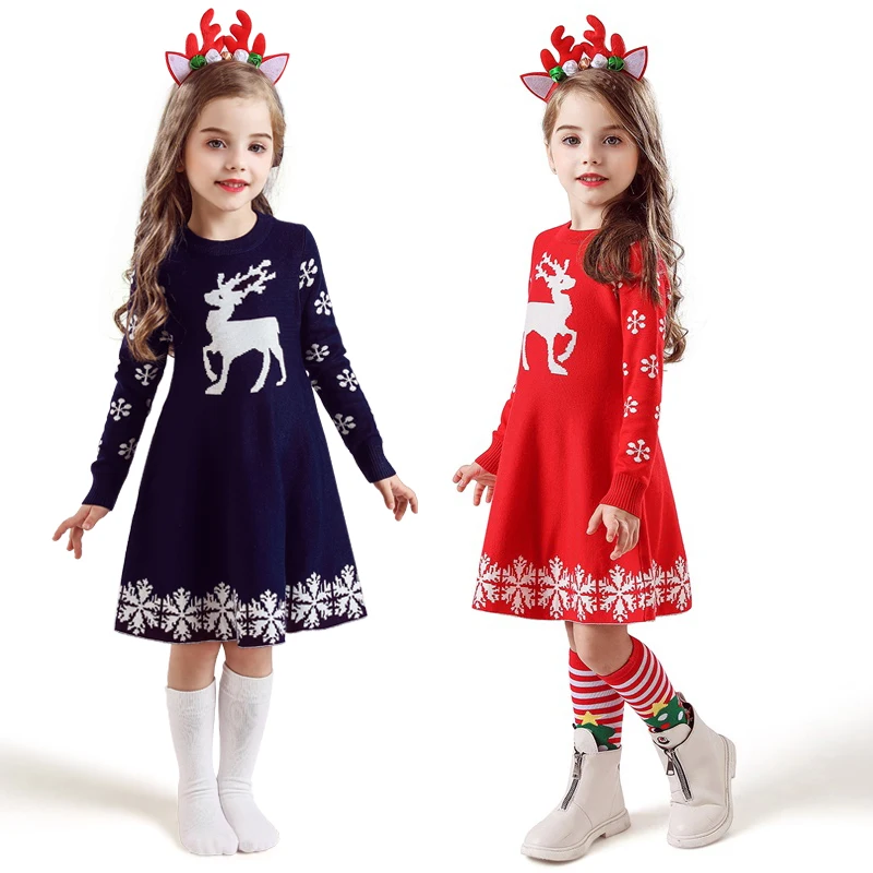 Рождественская одежда; платье принцессы с рисунком оленя; Детские платья с длинными рукавами и принтом снежинки для девочек; новогодний костюм; vestidos