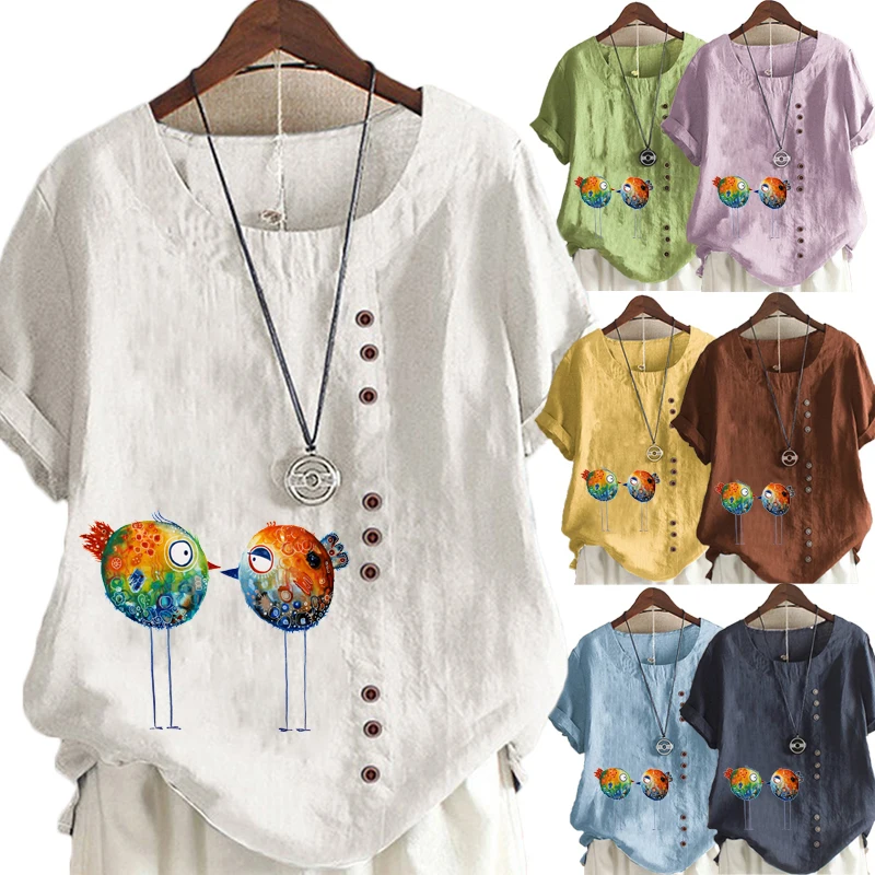 

Женская летняя футболка с круглым вырезом и коротким рукавом, повседневная хлопковая льняная рубашка с графическим принтом, модная Свободная блузка с принтом, топы больших размеров