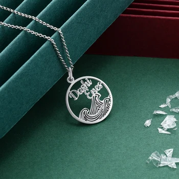 

Personalized Custom Nameplate Necklace Ocean Wave Round Circle Pendant Jewelry Best Gift For Surfers
