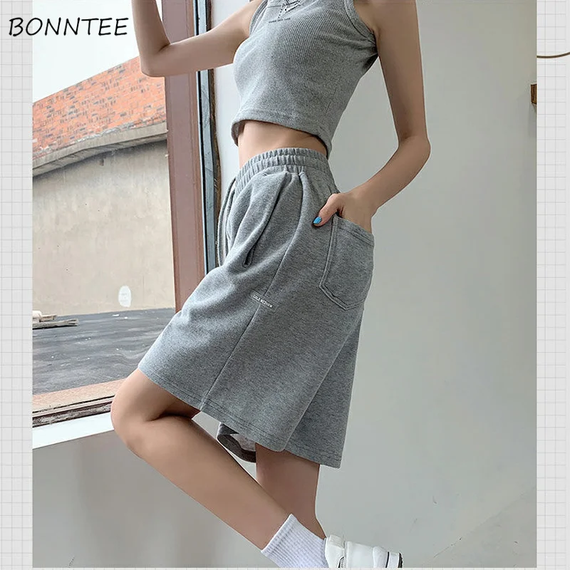 

Shorts Women Leisure Simple High Waist All-match Soft Pockets Wide-leg Bottoms Harajuku Loose Summer Students Unisex Daily New