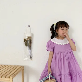

2020 Summer Girls Large Lapel Ruffles Solid Color Puff Sleeve Princess Dress Toddler Cildren Short-Sleeve Cotton Casual Dresses