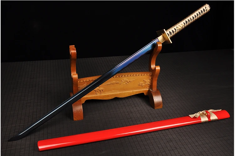 Red Katana Sword Real Japanese handmade 1045 carbon steel Blade Blue color sharp Full Tang decorative arrival supply