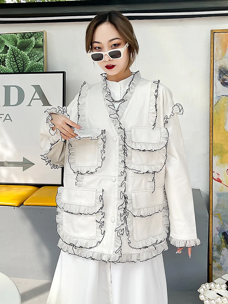 Autumn Spring Korean Style Women's High Quality Ruffles Genuine Leather Loose V-neck Jackets B098