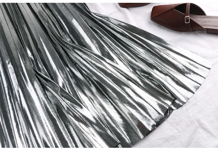 Surmiitro Silver Black And Gold Long Pleated Skirt Women Autumn Winter Korean High Waist A line Office Maxi Skirt Female