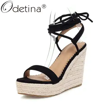 

Odetina Women Peep Toe Wedges Extreme High Heel Casual Sandals Female Platform Slingbacks Faux Suede Cross-tied Party Sandals