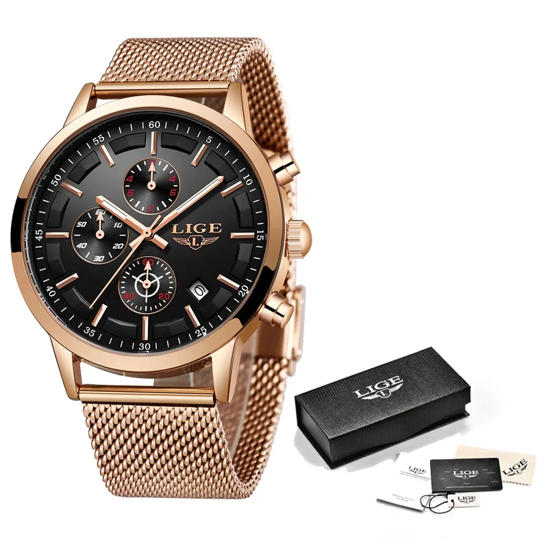 Rose gold black Relogio Masculino LIGE новые модные мужские s часы лучший бренд класса люкс кварцевые часы мужские повседневные тонкие сетчатые стальные водонепроницаемые спортивные часы - Цвет: Rose gold black