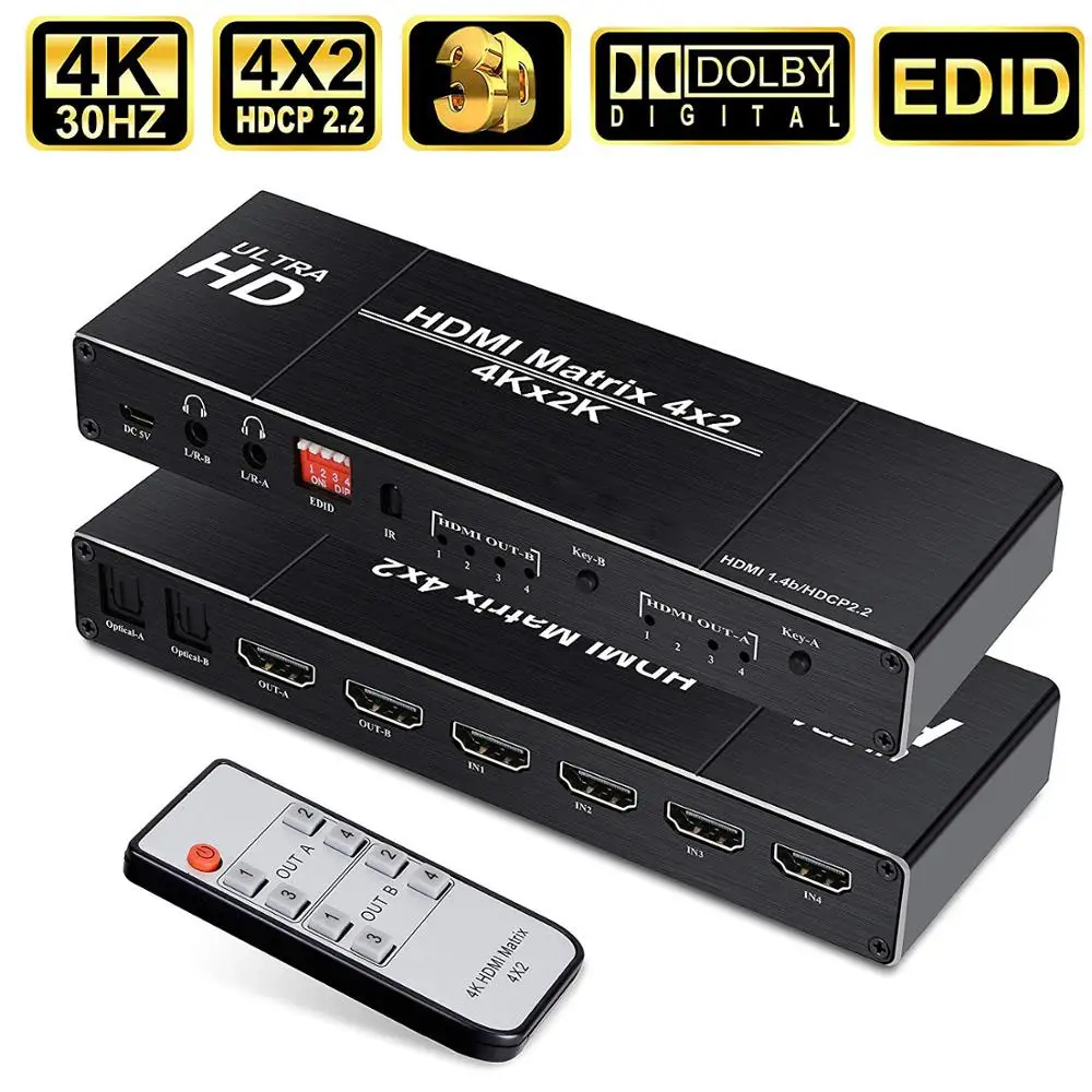 4K 30Hz HDMI Matrix Navceker 18,5 Гбит/с HDMI матричный 4x2 4 k@ 60 Гц HDMI переключатель сплиттер с SPDIF и L/R 3,5 мм HDR HDMI коммутатор 4x2 Поддержка HDCP 2,2 3D - Цвет: 4K 30Hz HDMI Matrix