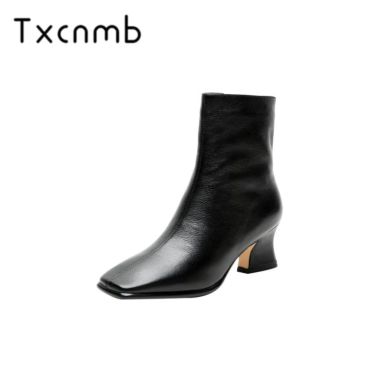 

TXCNMB Women Boots 2019 Genuine Leather Chelsea Boots Handmade Ankle Boots Brand Square Toe Chunky Ladies Shoes Plush Size