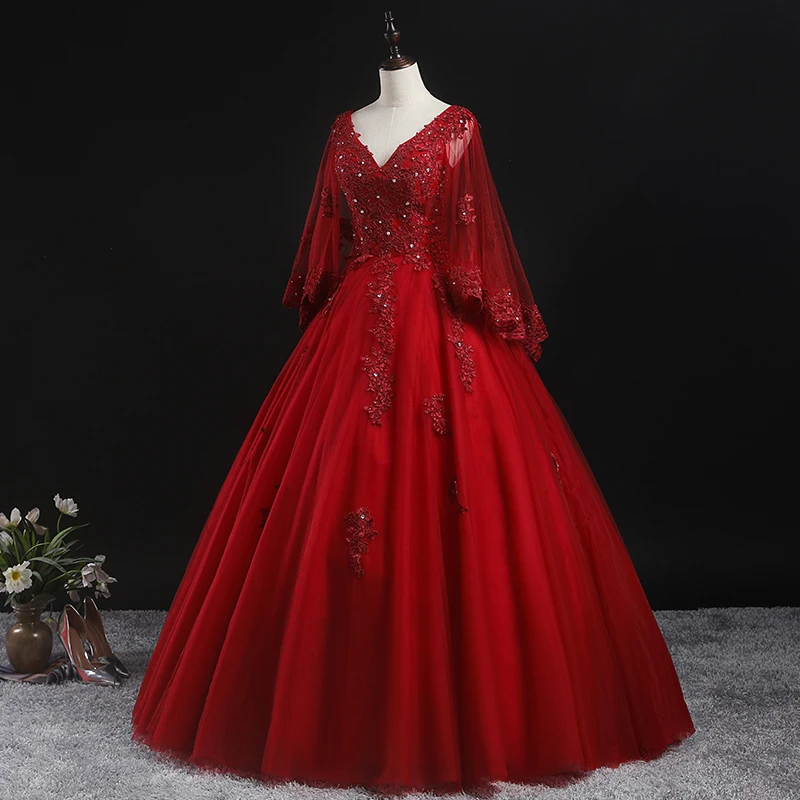 Quinceanera Dress Party Prom Dress Full Sleeve Sexy V-neck Ball Gown Luxury Lace Vintage Quinceanera Dresses