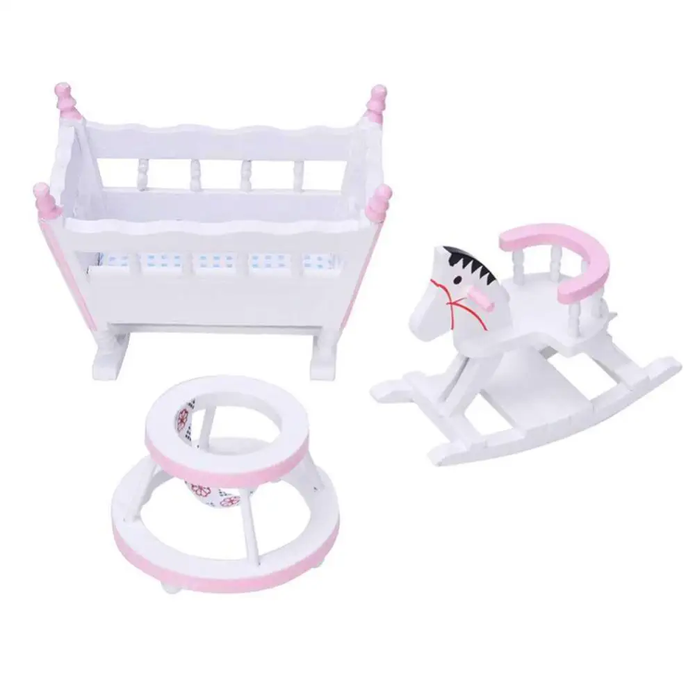 

3Pcs 1/12 Dollhouse Mini Cradle Rock Horse Walker Chair Baby Room Furniture Model