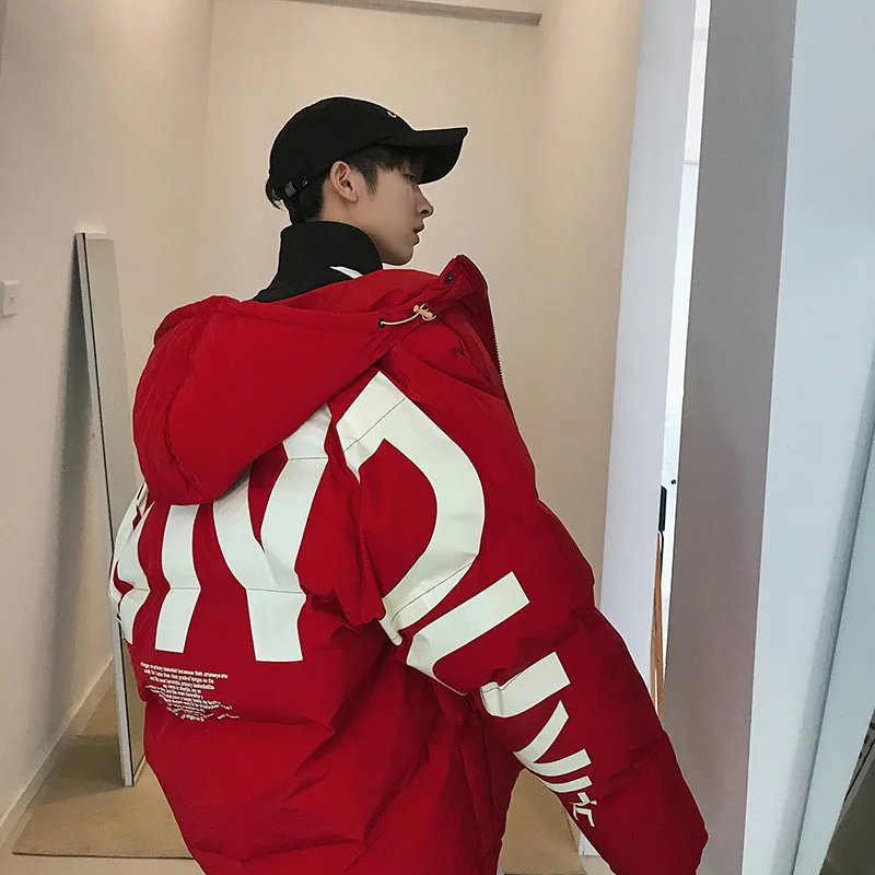 Толстая Теплая мужская зимняя куртка одежда Повседневная Свободная Harajuku мужские s парки пальто с капюшоном принт красная Мужская ветровка - Цвет: Красный