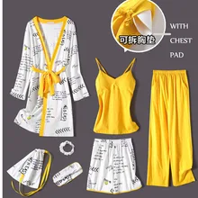 Женский халат, комплект из 7 предметов, осенне-зимние хлопковые подтяжки, длинные рукава, брюки, домашняя одежда, пижамный комплект