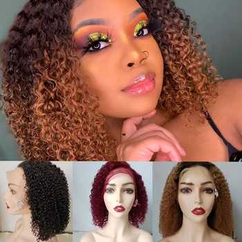

DreamDiana Mongolian Kinky Curly Bob Wig Ombre Remy Front Lace Wig 100% Colored Human Hair Wig 99J 150 Density 13x4 Lace Wig L