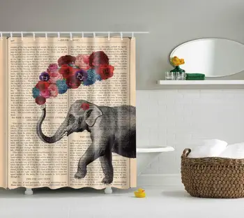 

Waterproof Thicken Polyester 3D Shower Curtain Old Newspaper Elephant Flowers Mildew Proof Bath Tub Curtain with 12 pcs Hooks