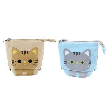 

2x Canvas Cartoon Cute Cat Telescopic Pencil Pouch Bag Stationery Pen Case Box with Zipper Closure -Blue & Khaki