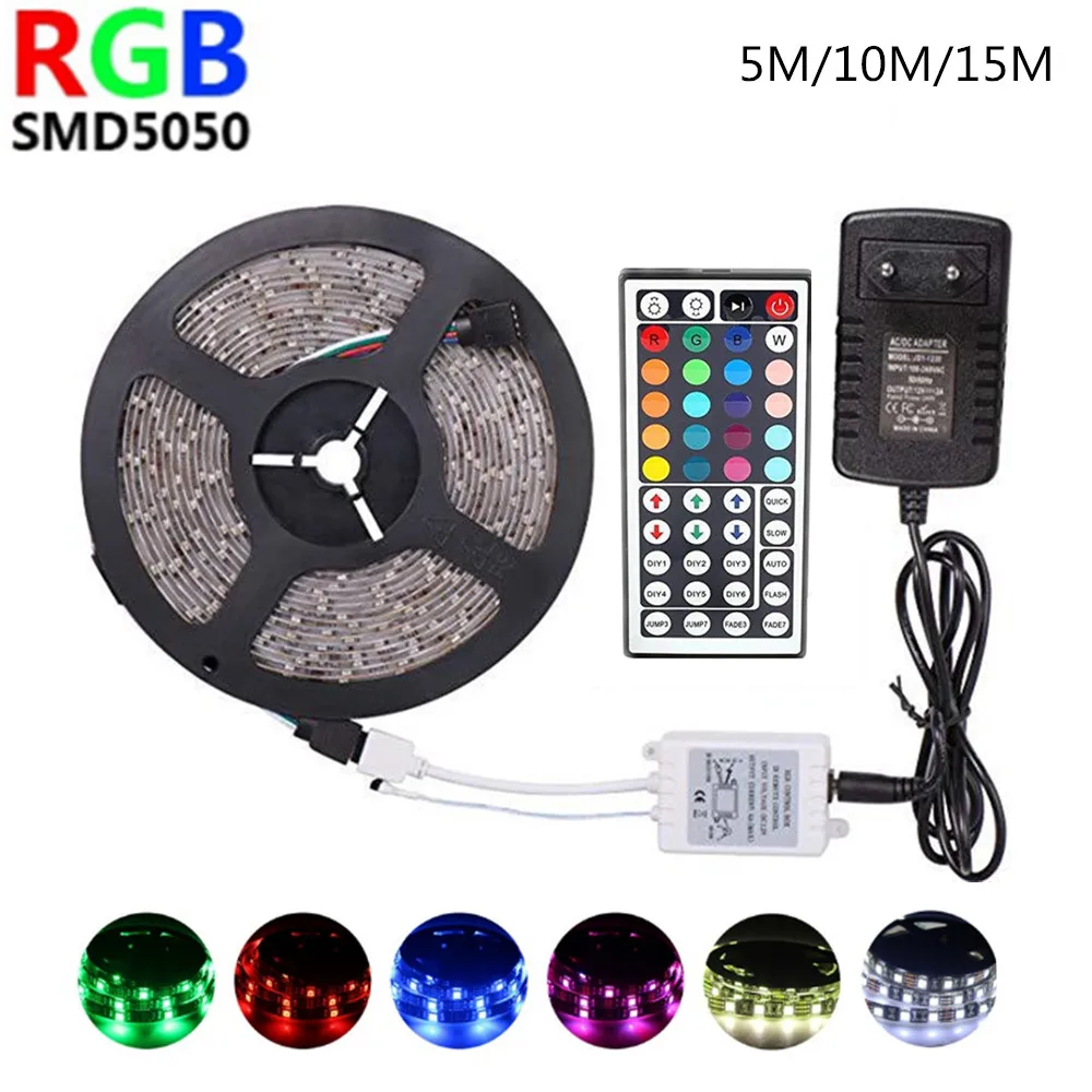 Светодиодный светильник 12 В RGB SMD 5050 светодиодный водонепроницаемый диод лента 44 кнопки управления неоновая лента 5 м 10 м 15 м вечерние ленты для украшения комнаты светильник