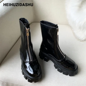 

Patent Leather Chunky Boots Women Front Zipper Ankle Boots For Women 2020 Autumn/Winter INS Chic Platform Women Shoes