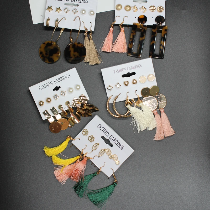 Серьга Boho длинной кисточкой Комплект сережек для женщин Подвески для девушки брелок геометрические серьги-капельки Для женщин, серьги-кольца, модные ювелирные украшения