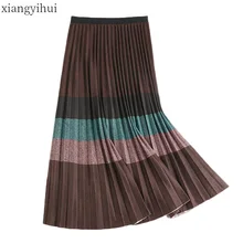 Осень Зима винтажная Женская Радужная шерстяная юбка корейский стиль хит цвет дамы плиссированные эластичный пояс Теплые юбки