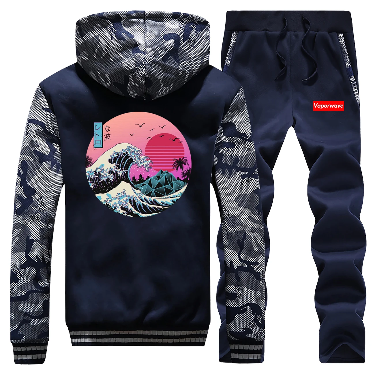 Vaporwave Dragon Ball, зимняя горячая Распродажа, одежда в уличном стиле с принтом из мультфильмов, мужской Камуфляжный Костюм реглан с капюшоном, пальто, толстая молния+ штаны, комплект из 2 предметов