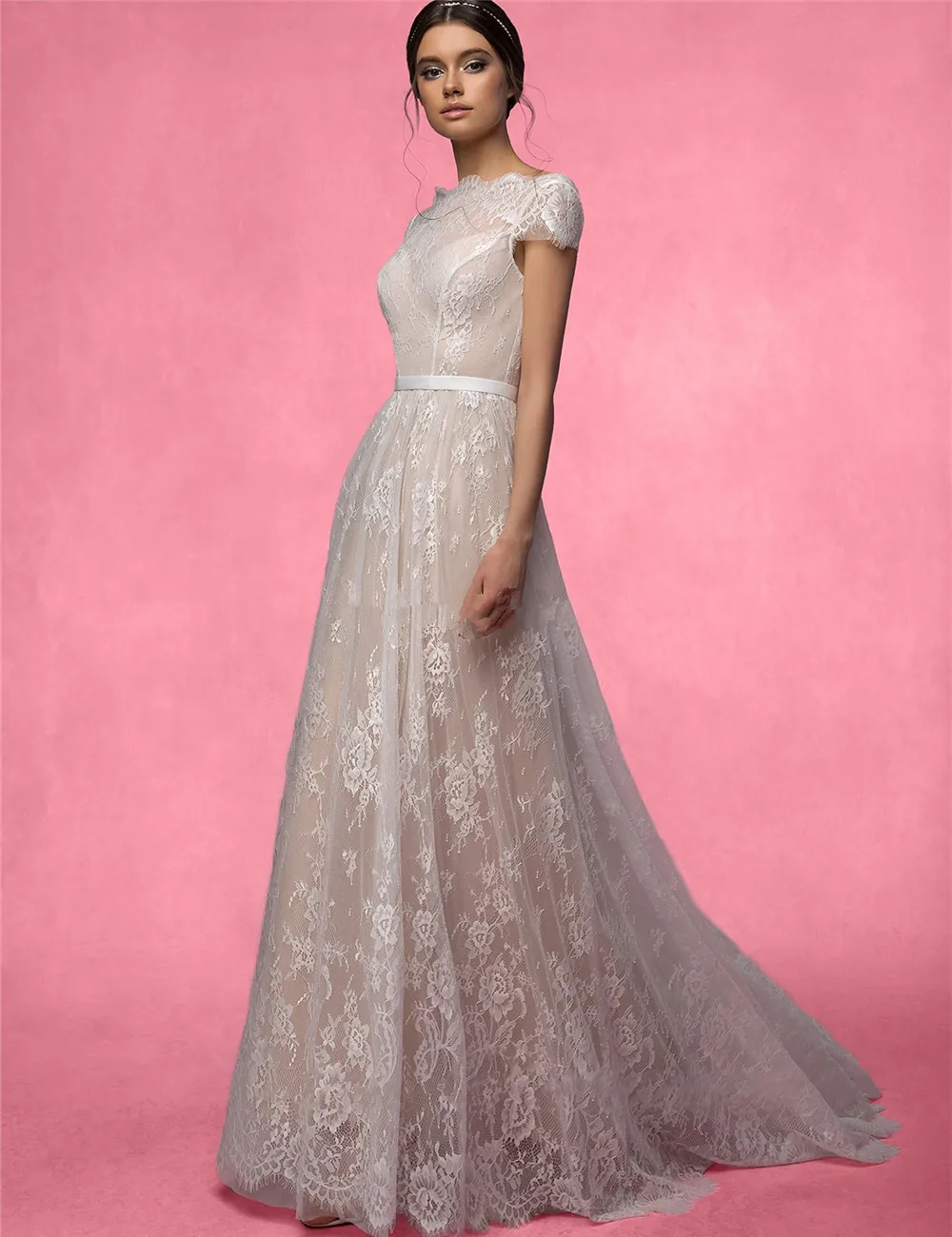 

Champagne Lace Short Sleeves vestido de noiva Boho Full Lace Vintage Lace princess bridal gown 2018 mother of the bride dresses