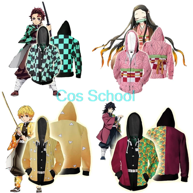 Cos School Kamado Tanjirou Nezuko; толстовки для косплея с изображением демона и убийцы; Kimetsu no Yaiba; толстовки для косплея с 3D принтом; куртка с капюшоном