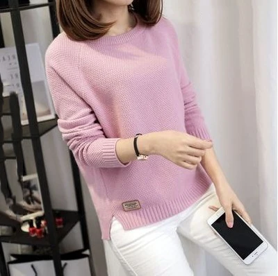Женские свитера и пуловеры осень зима длинный рукав Pull Femme однотонный пуловер Женский Повседневный женский полувер рубашки - Цвет: Pink