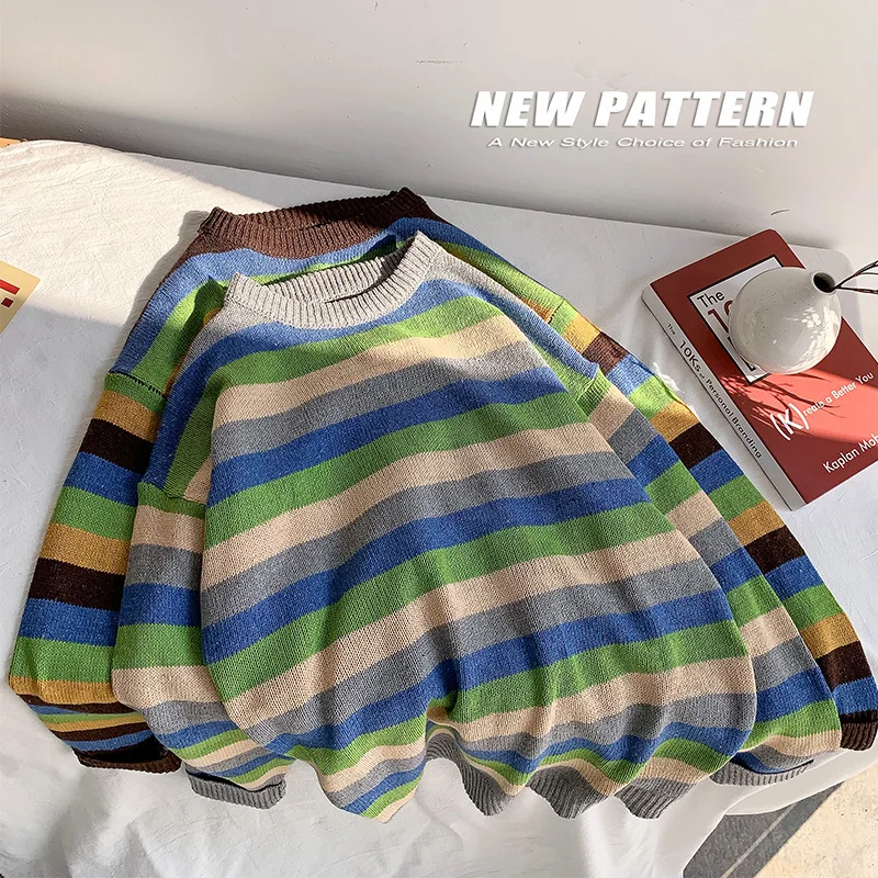 Autumn New Striped Sweater Men Fashion Contrast Color Casual Knit Sweaters Man Sweter Clothes Loose Long-sleeved Pullover Men