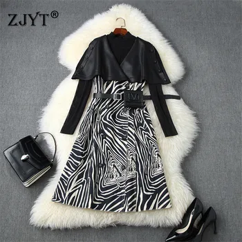 

High Quality Autumn Runway Dress Designers Women Clothes Long Sleeve Top and Vintage Leopard Print Cloak Dress 2 Piece Sets