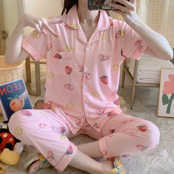 

Multi--Summer New Women'S Sleepwear Cardigan Lapel Short Sleeve Long Pants Loose-Fit Cute Milk Silk Casual Tracksuit