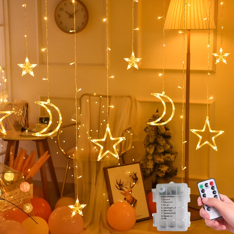 

Battery Operated LED Star Moon Fairy Curtain String Lights Christmas Garland Outdoor For Home Wedding Party Garden Window Decor
